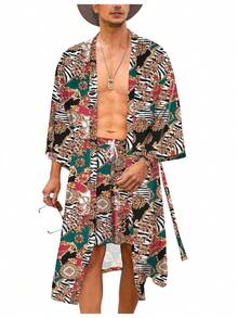 Men's Casual Vacation Cardigan Robe - Bohemian Style Floral Print, Hawaiian Open-Front Long Cardigan Shawl With Belt And Side Pockets, Suitable For Beach, Pool, Home Wear, Or Outdoor Camping. Loose Fit, An Excellent Holiday Gift. Three-Piece Home Robe Set: Long Robe + Shorts + Belt - 混合色3 - 查看 9