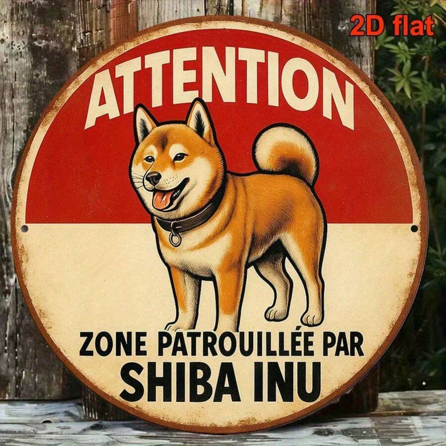 1pc 2D Flat, 8*8 Inch Round French Language Sign, Vintage Decor Plaque Stating "Attention: Patrolled By Shiba Inu", "Shiba Inu Patrol Area" Decorative Plaque, Suitable For Decorating Office, Cafe, Restaurant, Pet Store, Bar And Home, French. (Random Hole Position) - A - View 1