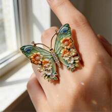 1pc Bohemian Vintage Turquoise Open Ring, Handmade Hammered Distressed Adjustable Ring, Jewelry For Women - Multicolor - View 3