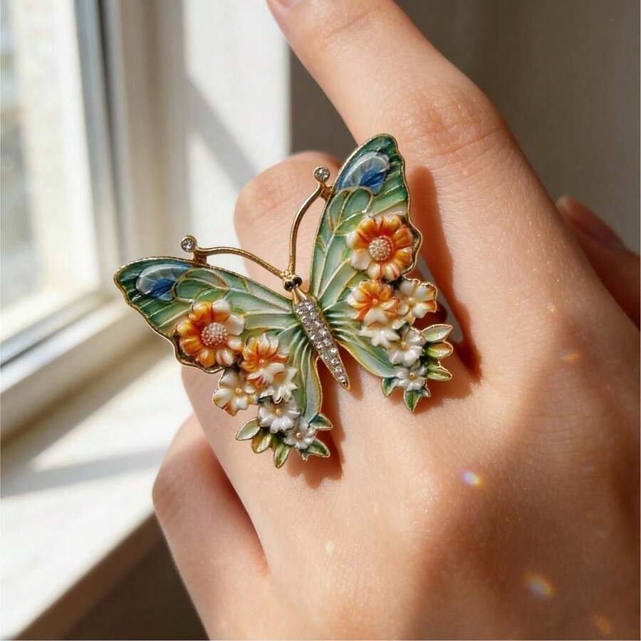 1PC Bohemian Vintage Turquoise Open Ring, Handmade Hammered Texture Oil-Drip Distressed Adjustable Band, Women's Jewelry - Multicolor - View 1
