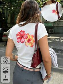 Y2K簡約趣味街拍T卹，夏季圓領短袖甜美花卉印花棉質上衣，休閒寬鬆剪裁，適合日常出遊，年輕成人理想的節日與旅行穿搭 - 白色5 - 查看 3