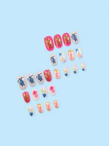 24 piezas de uñas de almendra largas con estampado de flores frescas francesas para manicura rápida para fiestas, con pegatinas para uñas postizas, lima y 1 pegamento de gelatina - Multicolor - Ver 2