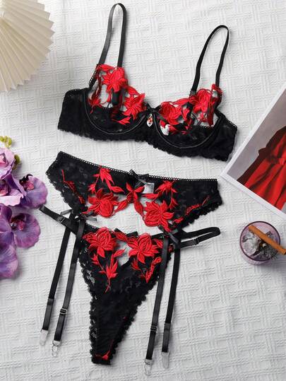 3pcs Women's Black Sexy Embroidered Sheer Bra, Garter Belt And Thong Lingerie Set, French Sensual Intimate Apparel