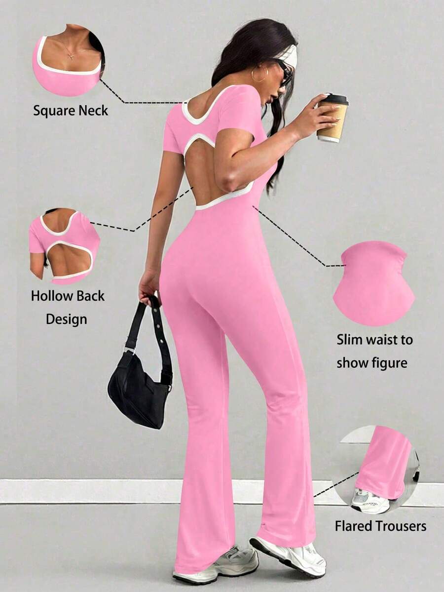 AITYI Studio Women's Pink Jumpsuit, Square Neck Short Sleeve Contrast Color Fashion Design, Hollow-Out Backless Fitness Sports Shaping Slim Comfortable Elegant Y2K Style Suitable For Daily, Commute, Party, Holiday Outfit. Suitable For Independence Day, Back To School, Pride Month, Carnival, Music Festival, Mother's Day. New Spring/Summer Short Sleeve Comfortable Knit Flared Leg Jumpsuit - Pink - View 1