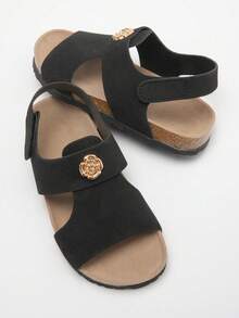 1 Pair Girls' Gold Floral Emblem Decor Faux Suede Upper, Rubber Sole With Soft Cork Midsole, Non-Slip Shock Absorbing Open Toe Hook And Loop Strap Flat Sandals, Fashionable Casual For Daily & Holiday Wear - màu đen - Xem 7