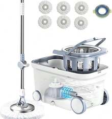 Spin Mop Bucket Deluxe 360 Spinning Floor Cleaning System With 6 Microfiber Refill Heads, 62 Inch Extended Handle & 4 Wheels, Home Cleaning - 1 - View 1