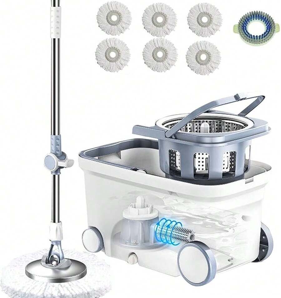 Spin Mop Bucket Deluxe 360 Spinning Floor Cleaning System With 6 Microfiber Refill Heads, 62 Inch Extended Handle & 4 Wheels, Home Cleaning - 1 - View 1
