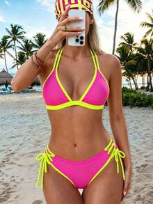 Double Strap V-Neck Neon Color Block Side Tie Bikini Top & Bottoms 2 Piece Swimsuit - Nhiều màu - Xem 2