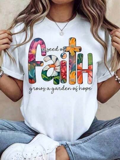 Women Round Neck T Shirt Faith Floral Print And Inspirational Quote Short Sleeve Casual Summer Wear For Everyday Outfits And Religious Events