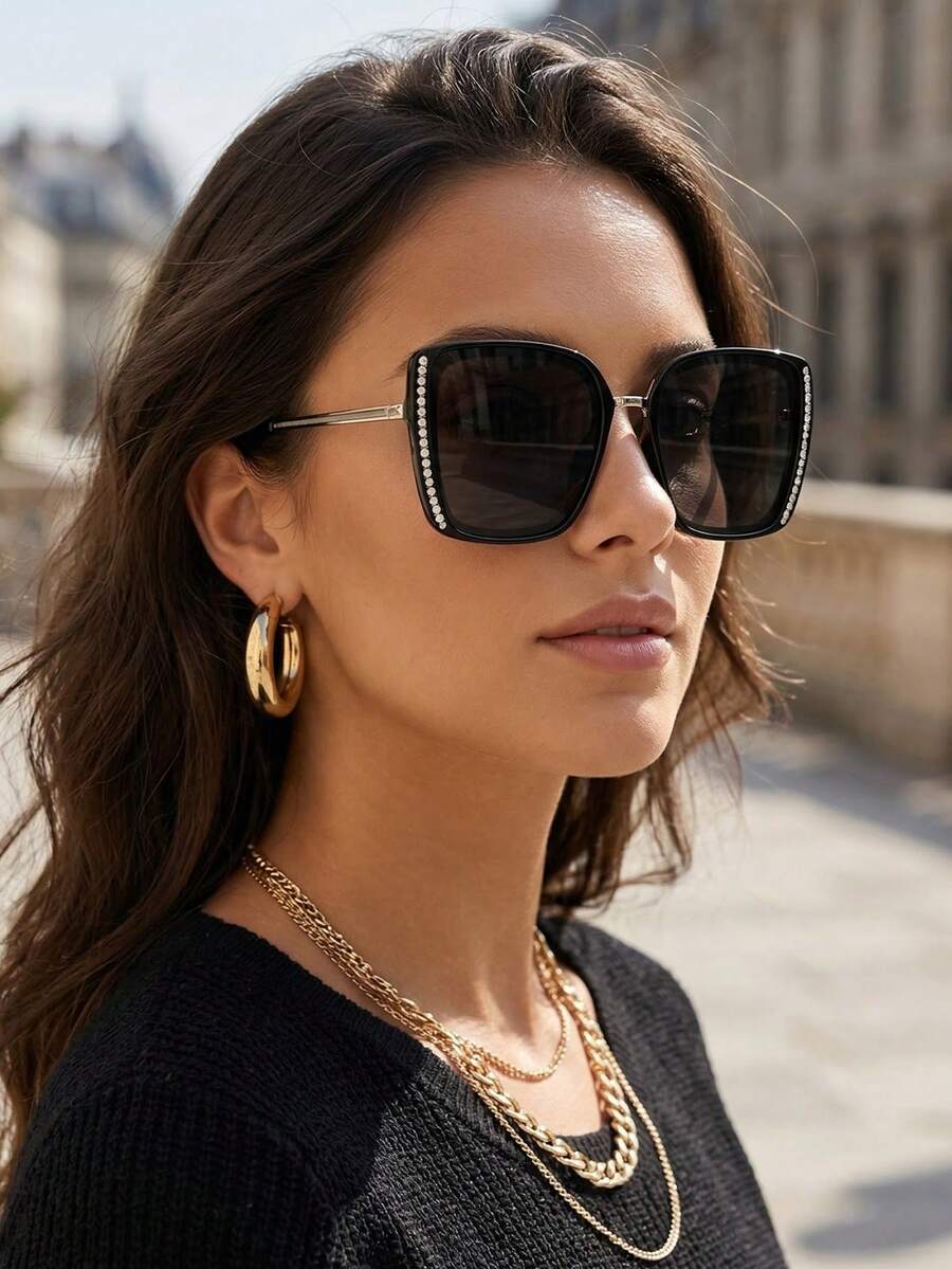 1 Pair Women's Large Frame Shiny Rhinestone Elegant Black Fashion Glasses, Handcrafted Rhinestone Embellished - Multicolor - View 1