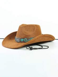 Un sombrero vaquero occidental de ante para hombres y mujeres, con bordado retro en verde esmeralda, diseño de ala ancha, correa ajustable en el ala, protección UV para uso al aire libre, adecuado para vacaciones, reuniones, actividades al aire libre y uso diario en la playa. - Sombrero de mariposa bordado en gamuza - Ver 14