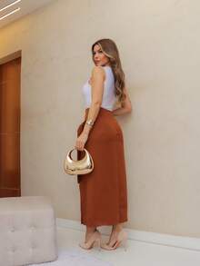 Women's Casual Wrap Skirt In Solid Color With Drawstring, Spring/Summer/M5509 - Coffee Brown - View 6