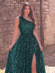 Faeriesty Elegante vestido de noche largo sin mangas para mujer, con bajo con abertura y lentejuelas brillantes para una textura lujosa, adecuado para alfombra roja, gala benéfica, boda, fiesta de lujo y otras ocasiones formales en primavera y verano - Verde Oscuro - Ver 3