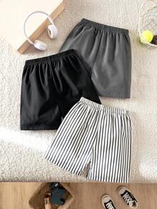 3pcs Boys' Casual Retro Striped Shorts And Solid Black/Gray Sports Shorts, Suitable For School, Vacation, Play, Spring/Summer - Multicolor - View 2