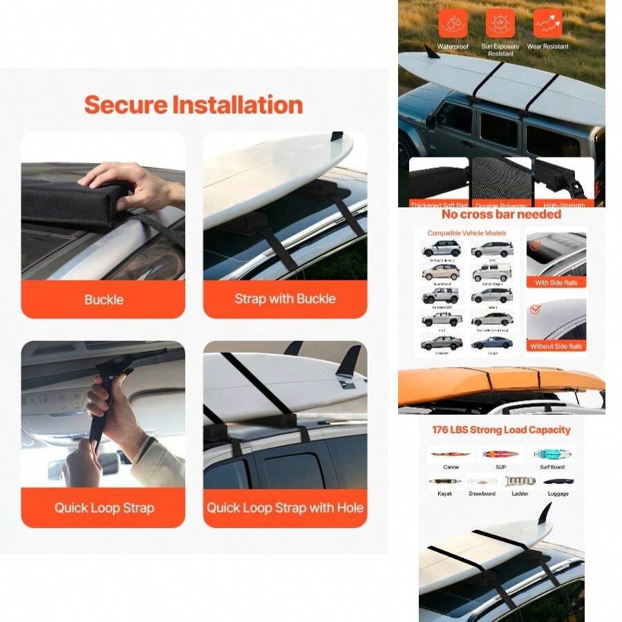 Soft Roof Rack Pads, 15.5-Inch Universal Car Roof Rack Pads, 176LBS Loading Capacity Luggage Kayak With Portable Storage Bag Canoe Snowboard Paddle Board Surfboard - 15.5 In + Roof-fitting - View 1