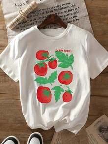Solt 1pscCamiseta de manga corta con estampado de lazo, de corte holgado, casual de color rojo para primavera/verano100%cotton graphic - Blanco 3 - Ver 2