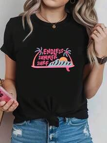Plus-Size T-Shirt, Vibrant Holiday Style With " SURF" Text Print, Black Short-Sleeve Round-Neck Printed T-Shirt - Machine Washable, Suitable For Spring, Summer, And Autumn, Casual Style, Comfortable Fit, Fashionable Design, Versatile For Daily Wear, Soft Fabric,  Style 2026-Cozy Summer Essential & Casual Chic - 黑色 - 查看 1