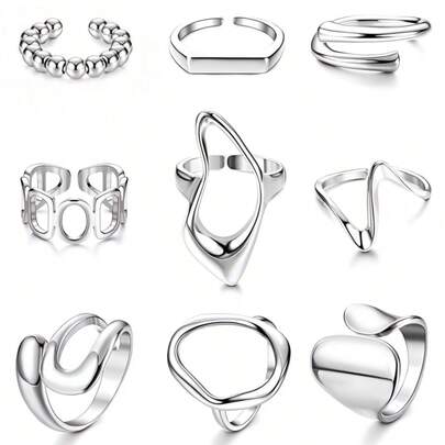 Silver Minimalist Geometric Opening Ring Set (9 Pieces) | Summer Avant-Garde Fashion Accessories | Daily Streetwear Accessories For Both Men And Women