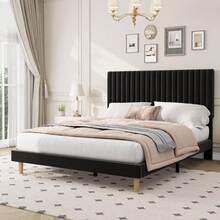 Techigher Bed Frame, Velvet Upholstered Platform Bed With Adjustable Headboard, Vertical Channel Tufted, Sturdy Wooden Slats, Silent Design, Easy Assembly - Black - View 2
