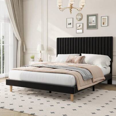 Techigher Bed Frame, Velvet Upholstered Platform Bed With Adjustable Headboard, Vertical Channel Tufted, Sturdy Wooden Slats, Silent Design, Easy Assembly