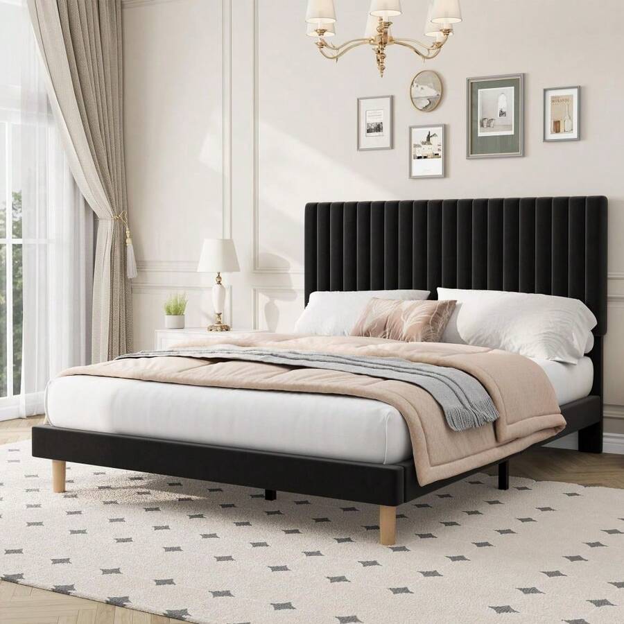 Techigher Bed Frame, Velvet Upholstered Platform Bed With Adjustable Headboard, Vertical Channel Tufted, Sturdy Wooden Slats, Silent Design, Easy Assembly