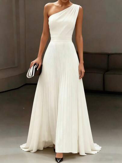 Vestido largo blanco de un solo hombro para mujer, elegante vestido plisado, vestido de novia de estilo veraniego