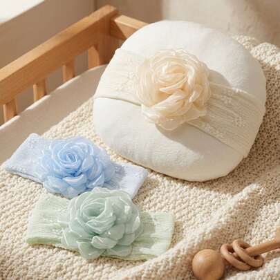 3pcs Baby Floral Elastic Knitted Headbands, Soft & Comfortable, European & American INS Style, Suitable For Daily, Party And Spring Outings