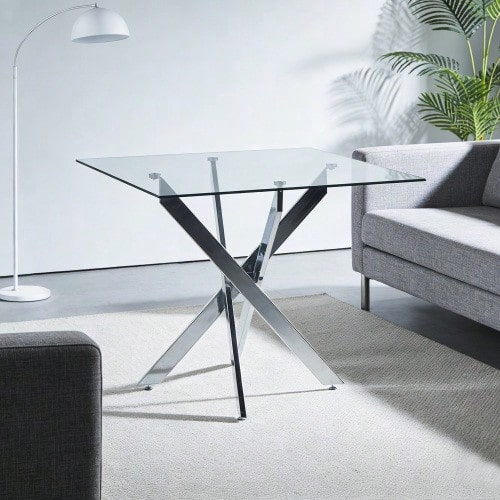 Dining Table With Cross Metal Leg And Tempered Glass,Modern Space Saving Kitchen Table For Living Room,Legs,Square Table,Silver Legs,80x80x75cm - Silver - View 1