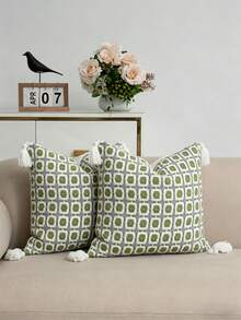 1 pezzo/2 pezzi Federa per cuscino stile bohémien con motivo geometrico verde e grigio con nappe, custodia decorativa in stile nordico intrecciata per divano, soggiorno, camera da letto, decorazione per la casa, dimensione 45*45cm, adatta per tutte le stagioni (inserto cuscino non incluso) - Verde - Visualizzare 13