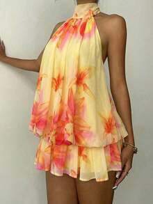 Elegant Women's Mini Dress With Halter Neck And Bow In Light Yellow - Multicolor 2 - View 3