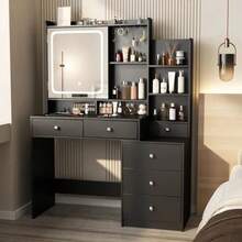 Dressing Table With Drawers For Bedroom, Makeup Table With Mirror And LED Lights, For Bedroom, Makeup Vanity With Power Plug - Black - View 1