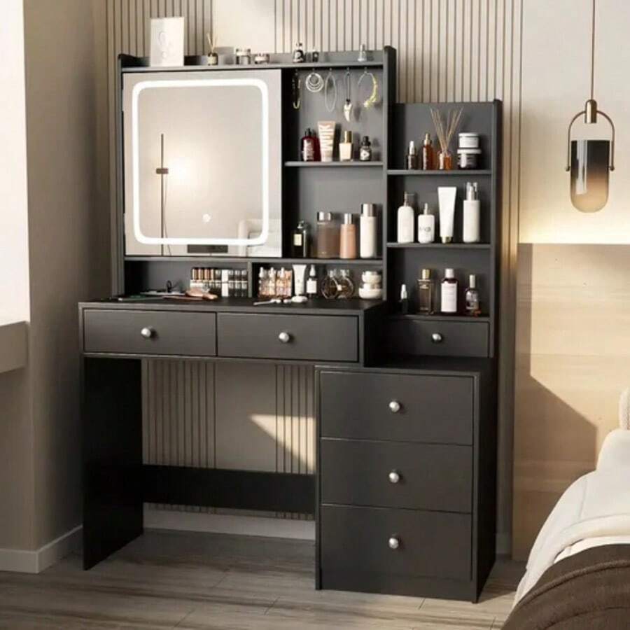 Dressing Table With Drawers For Bedroom, Makeup Table With Mirror And LED Lights, For Bedroom, Makeup Vanity With Power Plug - Black - View 1
