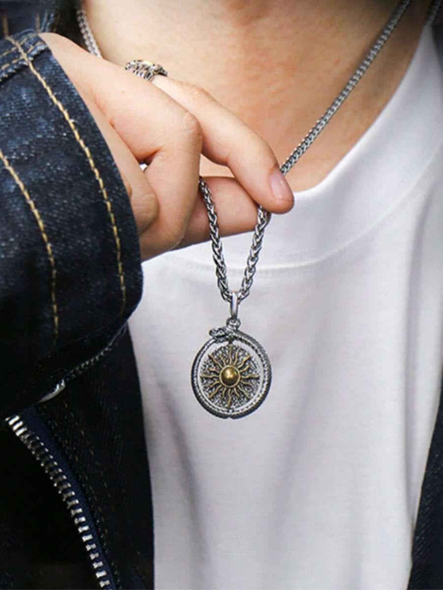 1 pieza Collar colgante con sol y serpiente retro personalizado y giratorio, estilo punk con cadena de cobre, adecuado para uso diario, fiestas, festivales, festivales de música, regalo diario, regalo de joyería para hombres - Plata antigua - Ver 1