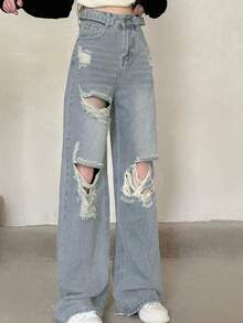 Quần jeans ống rộng rách bạc màu, phong cách thường ngày mùa xuân. - Rửa trung bình - Xem 2