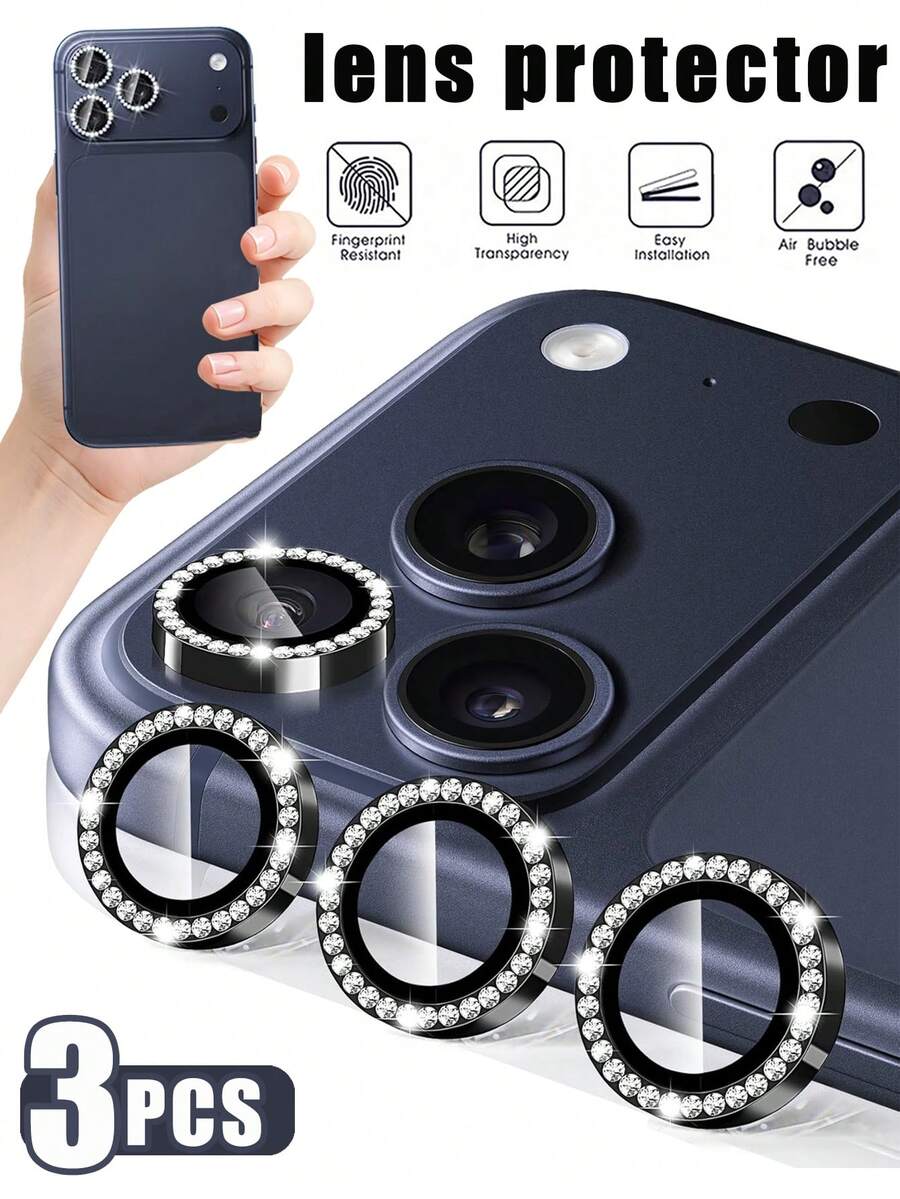 Alloy Black Glitter Rhinestone 3pcs Camera Lens Protector Compatible With Iphone 17/16 PRO MAX/16PRO/16 Plus /15 PRO MAX/15 PRO/14 PRO MAX/14 PRO/13 PRO MAX/13 PRO/12 PRO MAX/12 PRO, AR+AF Tempered Glass, 9H Scratch-Resistant Metal Single Lens Cover, HD Clear Camera Accessories, Compatible With Phone Cases Black, Mother's Day Gift