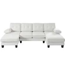 A 4-Seater U-Shaped Sofa With Chaise Longue Function In Chenille Fabric, Adjustable Sofa Bed At The Back For Living Room And Office, Grey, Beige. - Beige - View 4