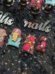 10pcs Handmade Full Coverage Short Duck Nails, Mint Green, Pink And Rose Red Colors, Removable And Reusable, Vintage Baroque Palace Style, Suitable For Parties, Festivals And Travel, With Jelly Glue And Nail File - Multicolor - View 6