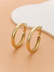 1pair Ladies' Gold-Color Circle Tube C Shape Hoop Earrings - Gold - View 3