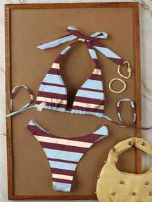 Bộ bikini hai mảnh kẻ sọc mới dành cho nữ, thích hợp cho kỳ nghỉ biển, hẹn hò, dự tiệc, kiểu buộc dây cổ, gợi cảm, kèm quần tam giác, thích hợp cho mùa xuân/hè. - Nhiều màu - Xem 5