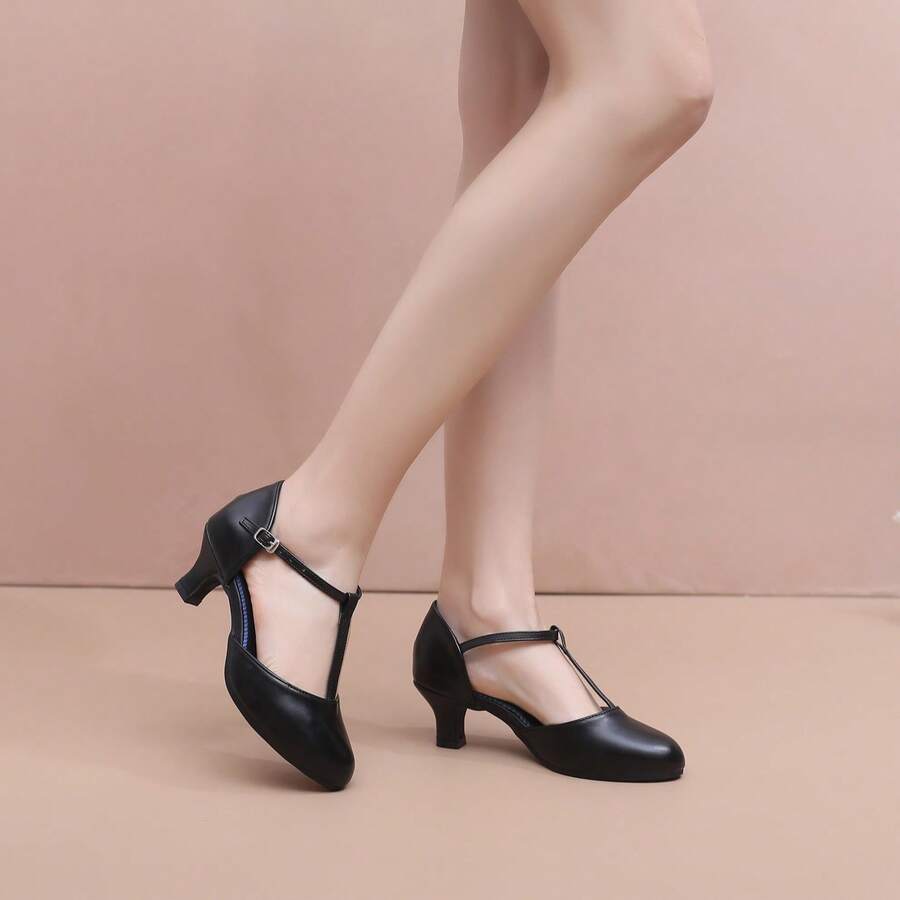 Giày khiêu vũ Latin nữ màu đen có khóa cài, quai chữ T, gót trung bình thấp 5.5cm, dép trong nhà/ngoài trời, giày khiêu vũ cho giáo viên, giày thể thao màu đen, giày khiêu vũ Salsa/Hiện đại để luyện tập, biểu diễn, khiêu vũ chuyên nghiệp. - màu đen - Xem 1