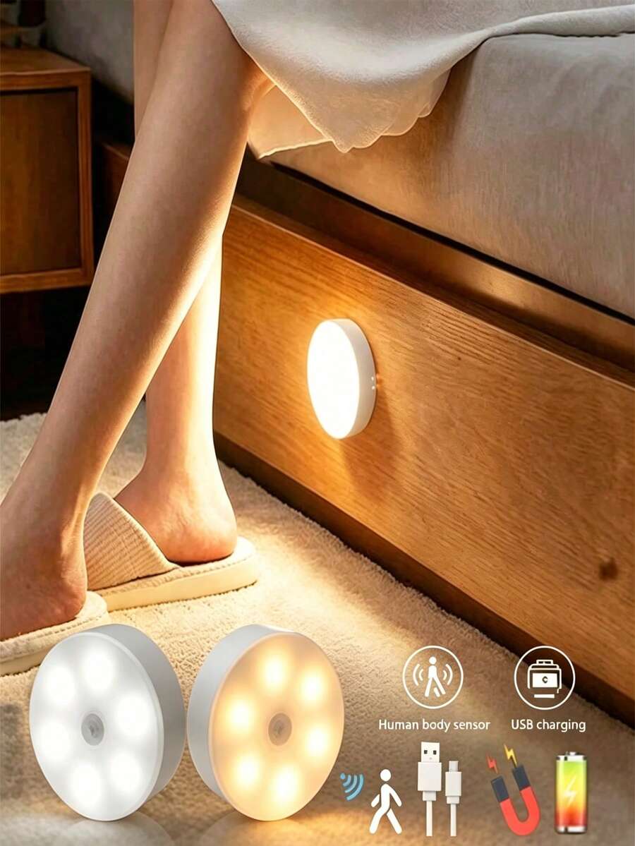 1/3/6 pièces Lampe à détecteur de mouvement rechargeable USB, ampoules LED, peut être posée ou montée au mur, température de couleur réglable, plafonnier semi-encastré jaune pour l'extérieur et le jardin, comprend les accessoires d'installation et la commande par bouton, convient pour éclairer des endroits tels que les escaliers, les armoires, les chambres, les tables de chevet, etc., offrant des options de lumière chaude et blanche, idéal pour la décoration de la maison, du bar, du restaurant et de l'hôtel.