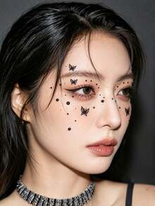 1pc Sweet & Cool Black Butterfly Face Decor Sticker, Dark Style Rhinestone Eye Makeup Sticker, Sexy Stage Makeup Face & Eye Jewel Sticker,Concert Look,Face Gems - Multicolor - View 2