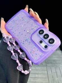 1pc Dreamy Purple Transparent Wavy Phone Case, Epoxy Resin With Colorful Glitter Stars And Heart-Shaped Beaded Chain, Shockproof Anti-Slip Scratch-Resistant, Fit For Samsung S20-S25, Note 14/13/12, A56 5G International Version, Birthday Holiday Gift, Perfect Mother's Day Gift - Purple - View 1