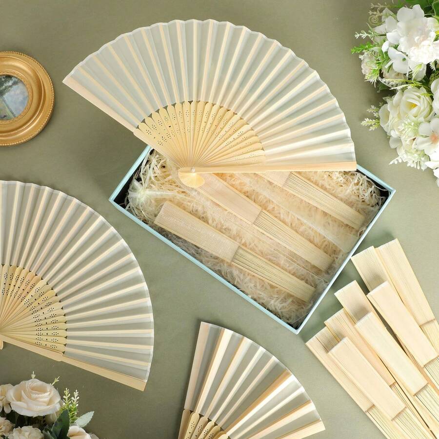 Bộ 20/10/5/2 quạt tay lụa dùng cho tiệc cưới, quạt xếp cầm tay cô dâu, quạt xếp cầm tay bằng tre, thích hợp cho tiệc cô dâu, quà tặng phù dâu, trang trí tiệc, lễ hội.