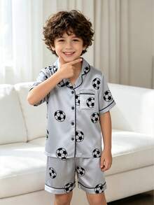 Conjunto de 2 piezas para niño preadolescente con top de manga corta de un solo pecho gris de fútbol y pantalones de pijama - Multicolor - Ver 7