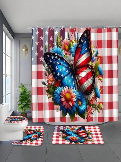 4件套蝴蝶格纹涤纶浴室套装，包括防水编织浴帘，可机洗，配有挂钩和配件，四季皆宜的时尚装饰