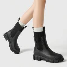 Women's Solid Color Waterproof Rain Boots, New Fashionable Round Toe Outdoor Boots, Anti-Slip Rain Boots, Suitable For Women And Girls - Black - View 8