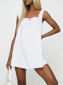 Women's Mini Dress Casual Loose Fit Stylish Dot Print/Solid Bow Tie Ruffled Trim Square Neck Sleeveless Dress - Multicolor - View 2