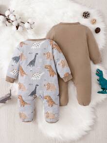 Set de 2 piezas Mono de cuello redondo con estampado de dinosaurio para niños pequeños, marrón y gris - Café integral - Ver 3