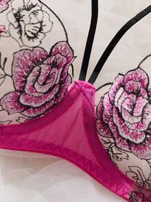 1 Set Of 2 Pieces Hot Pink Floral Rose Embroidery Sheer Lingerie Set With Bra & Panty - Hot Pink - View 3